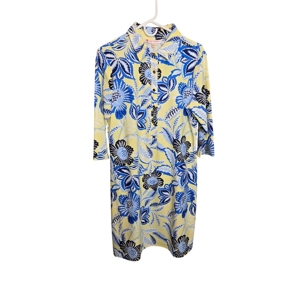 Jude Connally Shirt Dress Womensβ L Yellow Blue Floral 3/4 Sleeve Jude Cloth